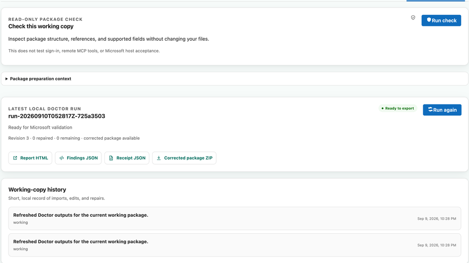 Agent Workbench Review & export panel with a local package check and working-copy history