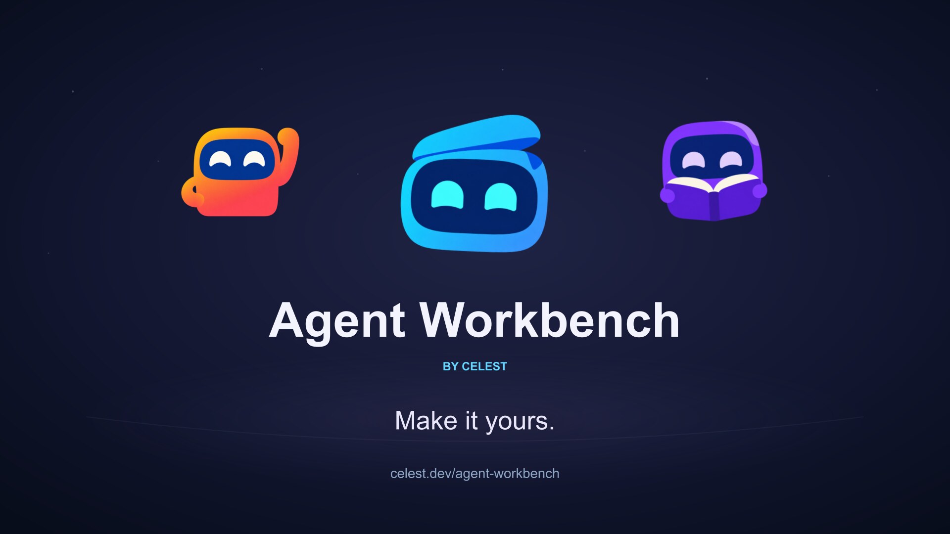 Agent Workbench by Celest with three colorful maker characters